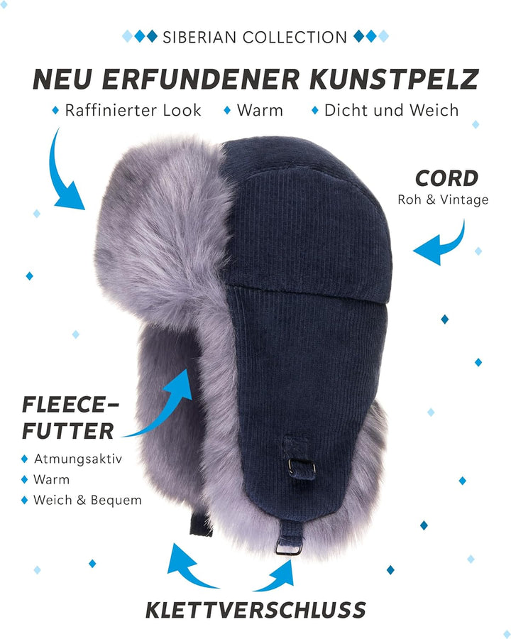 Futrzane Trappermütze aus Cord - Ushanka Herren - Fell Mütze mit Ohrenklappen M Marineblau - Stahlbl
