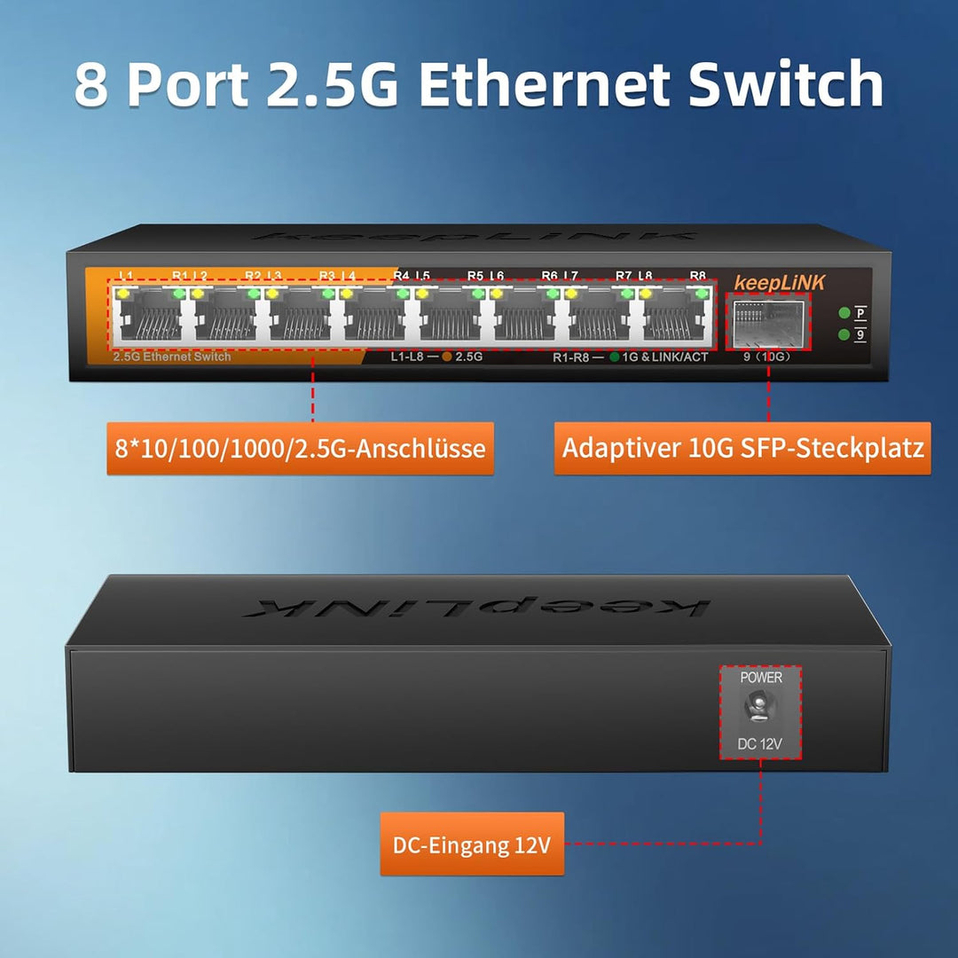 keepLiNK 8 Port 2,5-Gigabit LAN Switch mit 1 x 10G SFP Slot, 60Gbps Switching Capacity, Unmanaged, P