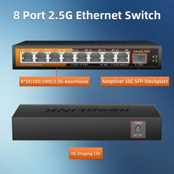 keepLiNK 8 Port 2,5-Gigabit LAN Switch mit 1 x 10G SFP Slot, 60Gbps Switching Capacity, Unmanaged, P
