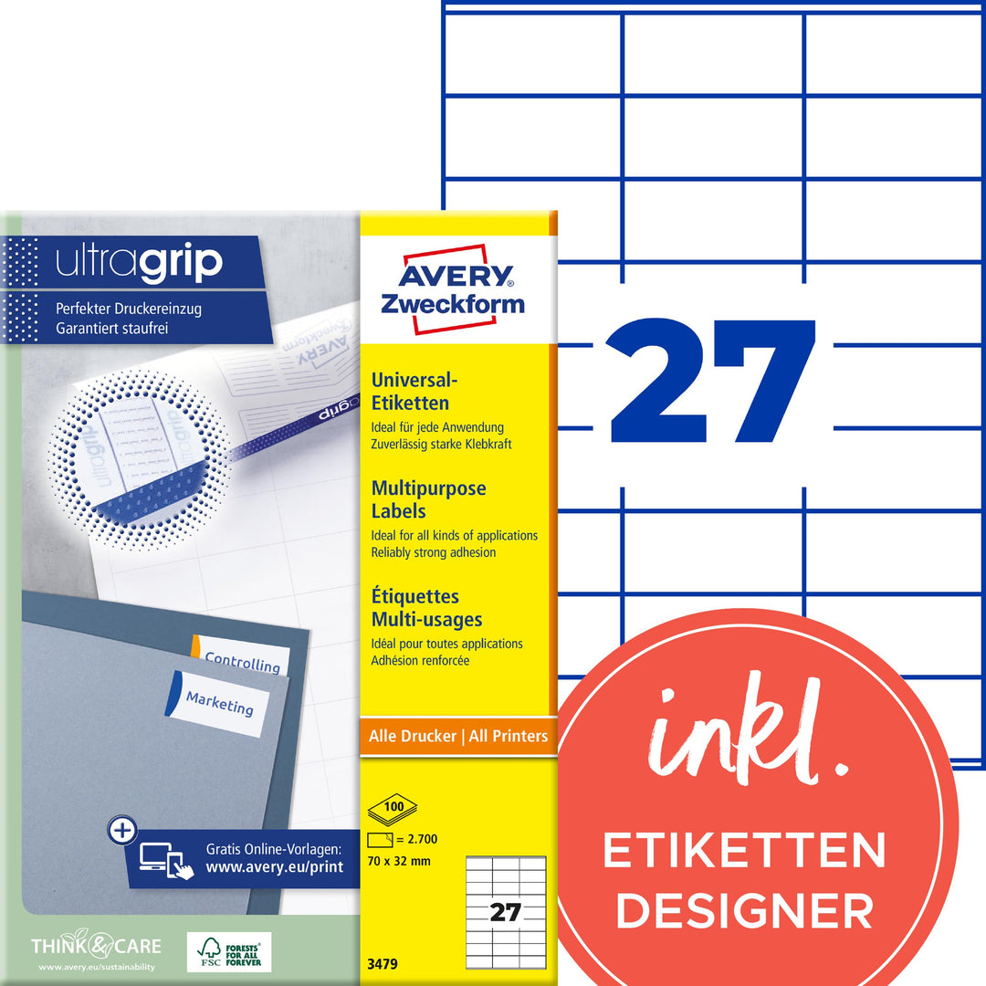 AVERY Zweckform 3479 Universal Etiketten (2.700 Klebeetiketten, 70x32mm auf A4, Papier matt, individ
