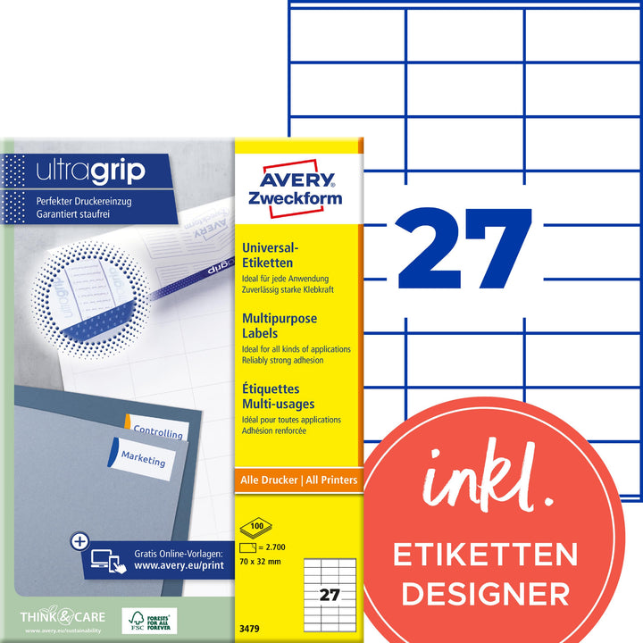 AVERY Zweckform 3479 Universal Etiketten (2.700 Klebeetiketten, 70x32mm auf A4, Papier matt, individ
