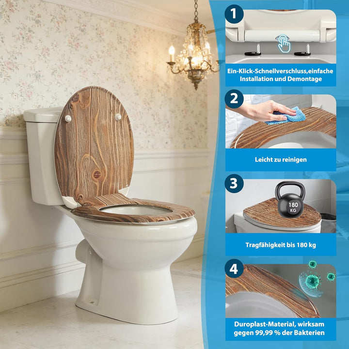 Duroplast-Toilettensitz, O-förmiger Toilettendeckel mit Soft-Close-Mechanismus, Edelstahlscharnier,