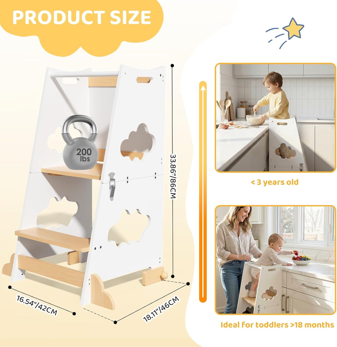 KIDINIX Lernturm ab 1 Jahr, 3 in 1 Montessori Learning Tower mit Sicherheitsgeländer und Tafel, Klap