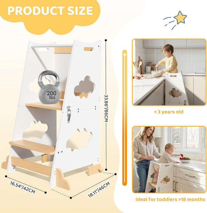 KIDINIX Lernturm ab 1 Jahr, 3 in 1 Montessori Learning Tower mit Sicherheitsgeländer und Tafel, Klap
