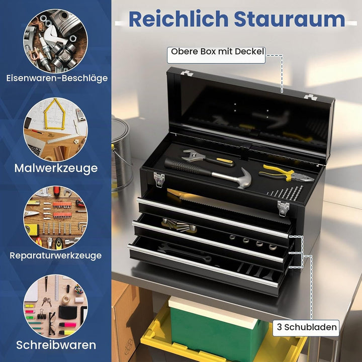SOARS Werkzeugkiste Metall, Werkzeugkasten mit oberem Ablagefach &amp; 3 Schubladen, Werkzeugbox mit 2 M