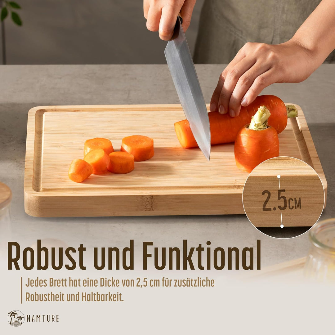 Schneidebrett Holz Set – 2,5 cm stark, mit hochwertiger Öl-Oberfläche, Saftrille, Anti-Rutsch-Füssen