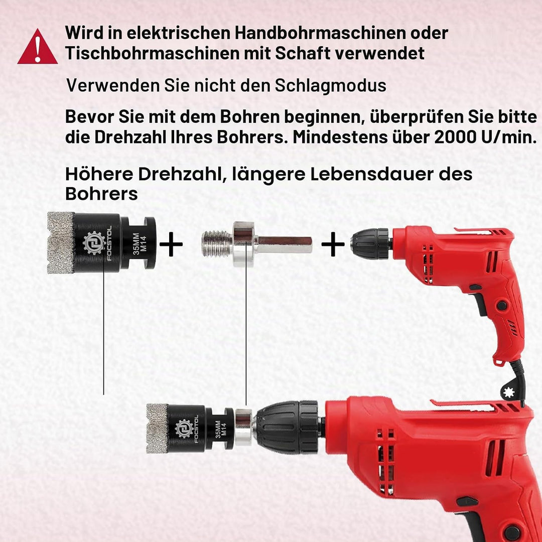 FOCSTOL Diamant Fliesenbohrer Set - 6/8/10/25/35/50/68mm+10mm Fingerfräser+50mm Fasenbohrer+Sechskan
