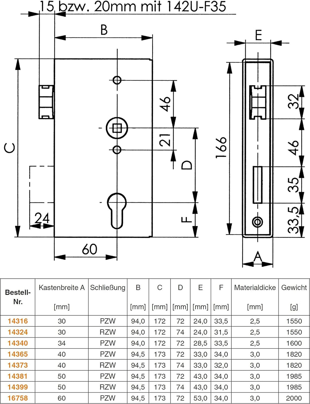 Schlosskasten 140U Ausführung: mit Kastenbreite 30mm - Dorn 60 mm, Kastenbreite 30mm - Dorn 60 mm