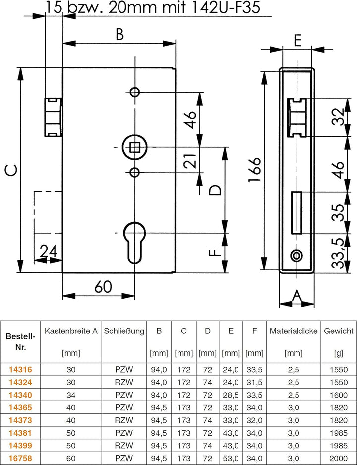 Schlosskasten 140U Ausführung: mit Kastenbreite 30mm - Dorn 60 mm, Kastenbreite 30mm - Dorn 60 mm