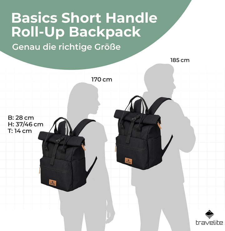 Travelite Handgepäck Rucksack, Laptop Rucksack 14 Zoll, Basics Short Handle Rollup, Reiserucksack Ro