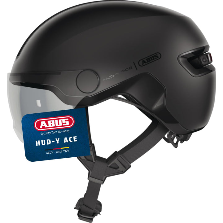 ABUS Stadthelm HUD-Y ACE - stylischer Fahrradhelm mit Visier und magnetischem, aufladbarem LED-Rückl