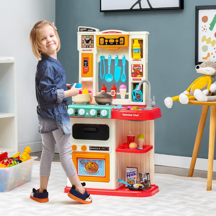 HOMASIS Spielküche mit 38 Zubehör, Kinderküche mit Licht Musik & Sound, Spielzeugküche mit Wasserpum