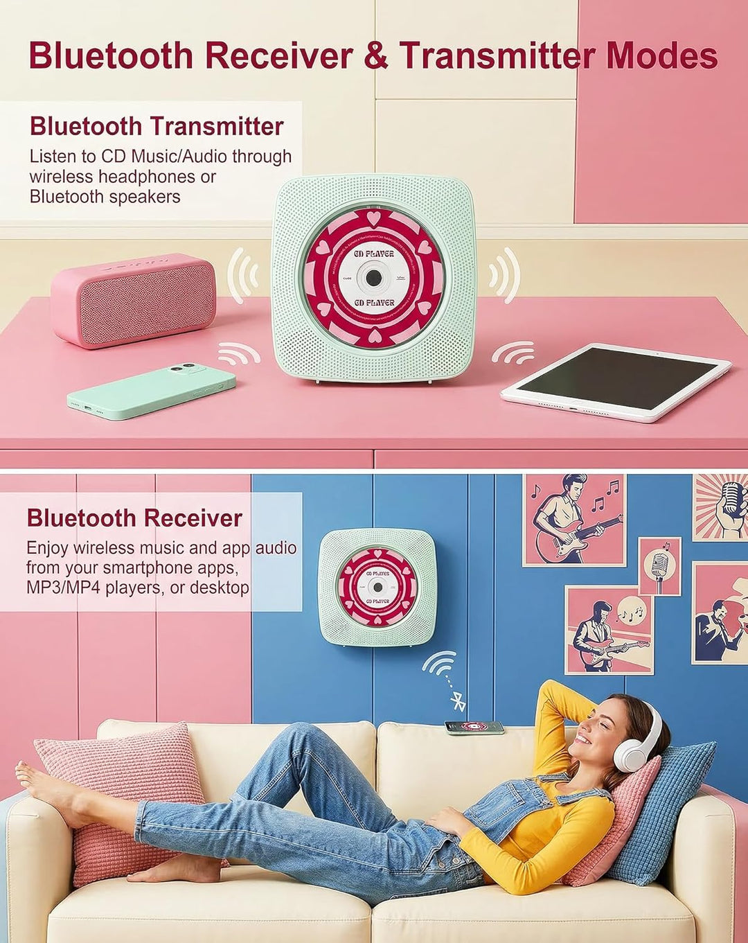 CD Player Tragbar Bluetooth Radio mit CD-Player mit Lautsprecher Unterstützung USB & AUX-Wiedergabe