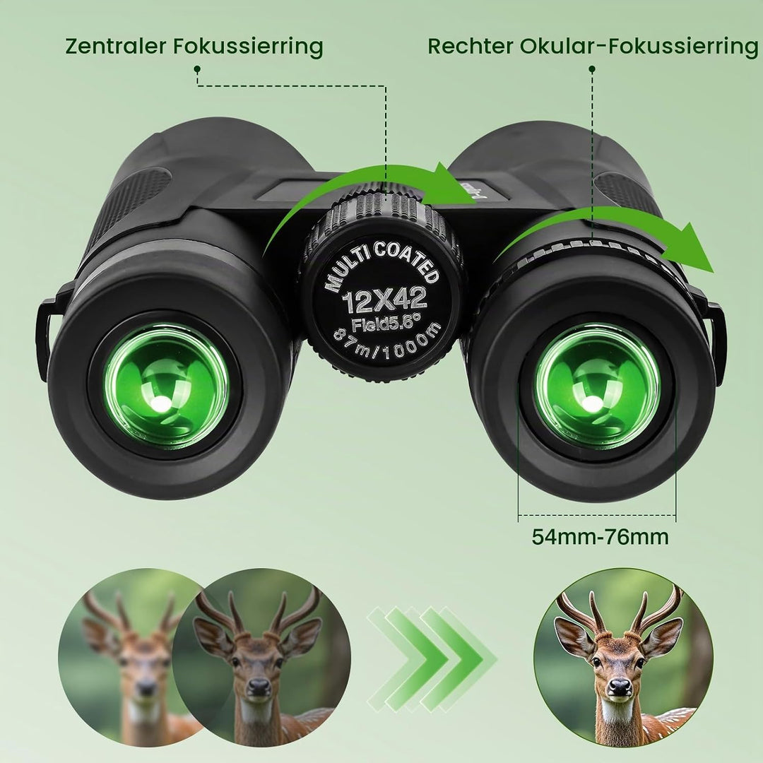 12x42 HD Fernglas Erwachsene, Kompakte Ferngläser wasserdicht feldstecher fernglas FMC-Linse Feldste