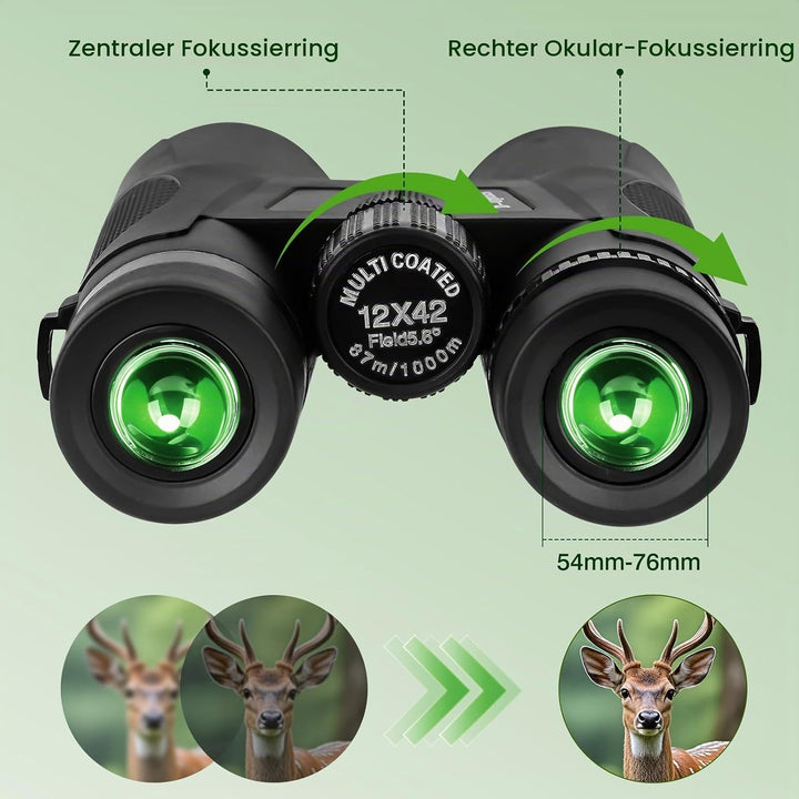 12x42 HD Fernglas Erwachsene, Kompakte Ferngläser wasserdicht feldstecher fernglas FMC-Linse Feldste