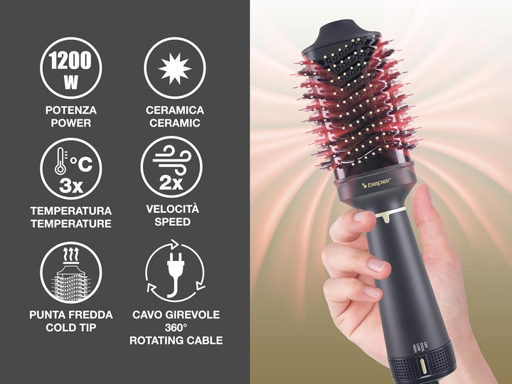 BEPER P301PIS102 Volumising Haartrockner-Bürste, 1200W, Bürste zum Glätten, Volumisieren und Locken,