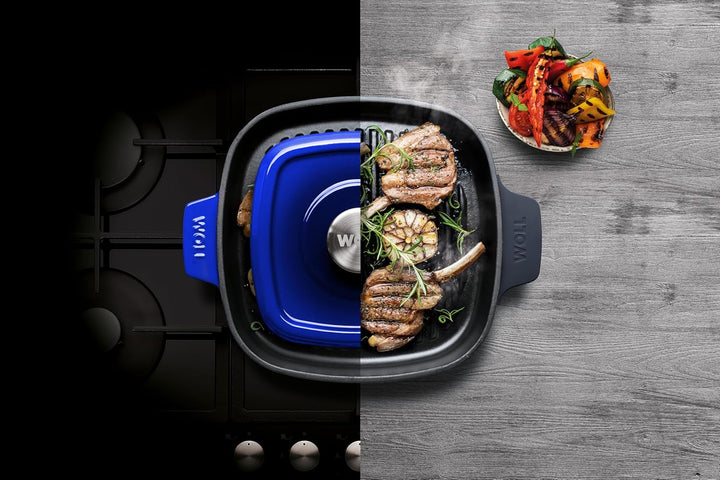 Woll Iron Grillpfanne viereckig mit Rillen, inkl. Steakpresse und Silikongriffen - Induktiv -, 24 x