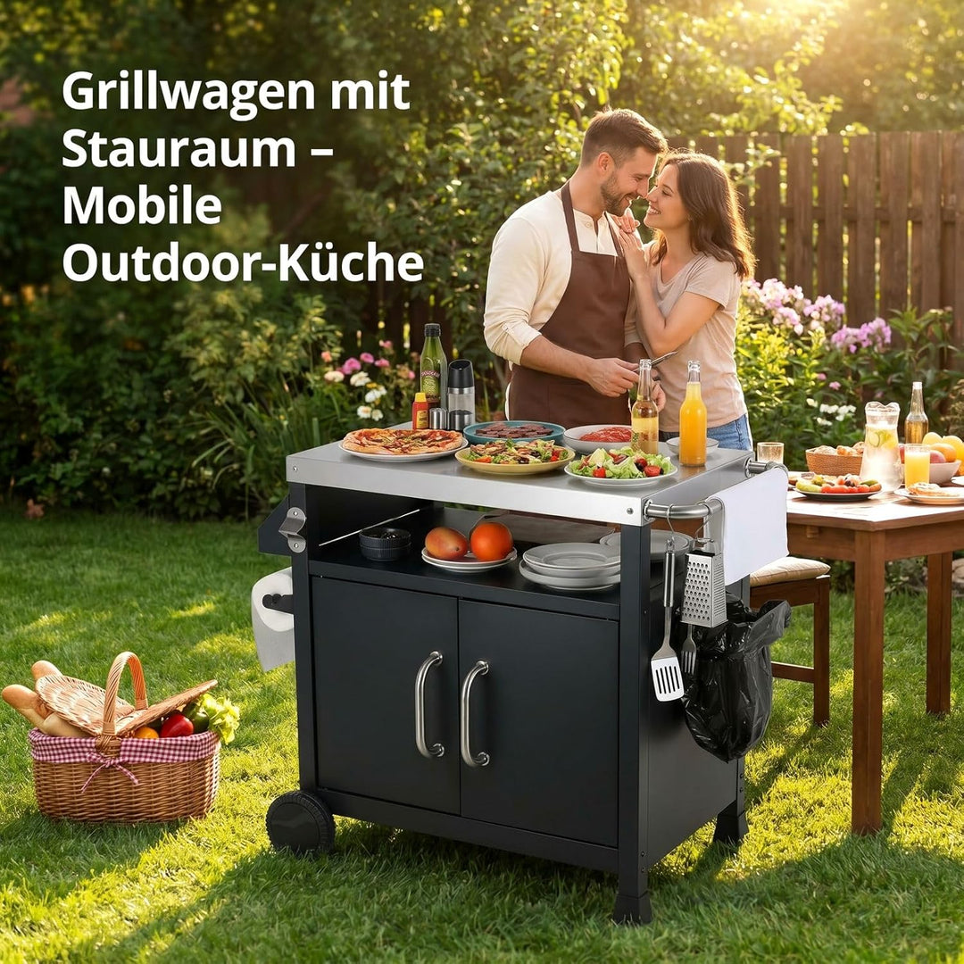 TLSUNNY Grilltisch Outdoor, Grillwagen mit Edelstahl Tischplatte 75x50 cm, Grill Trolley mit Untersc