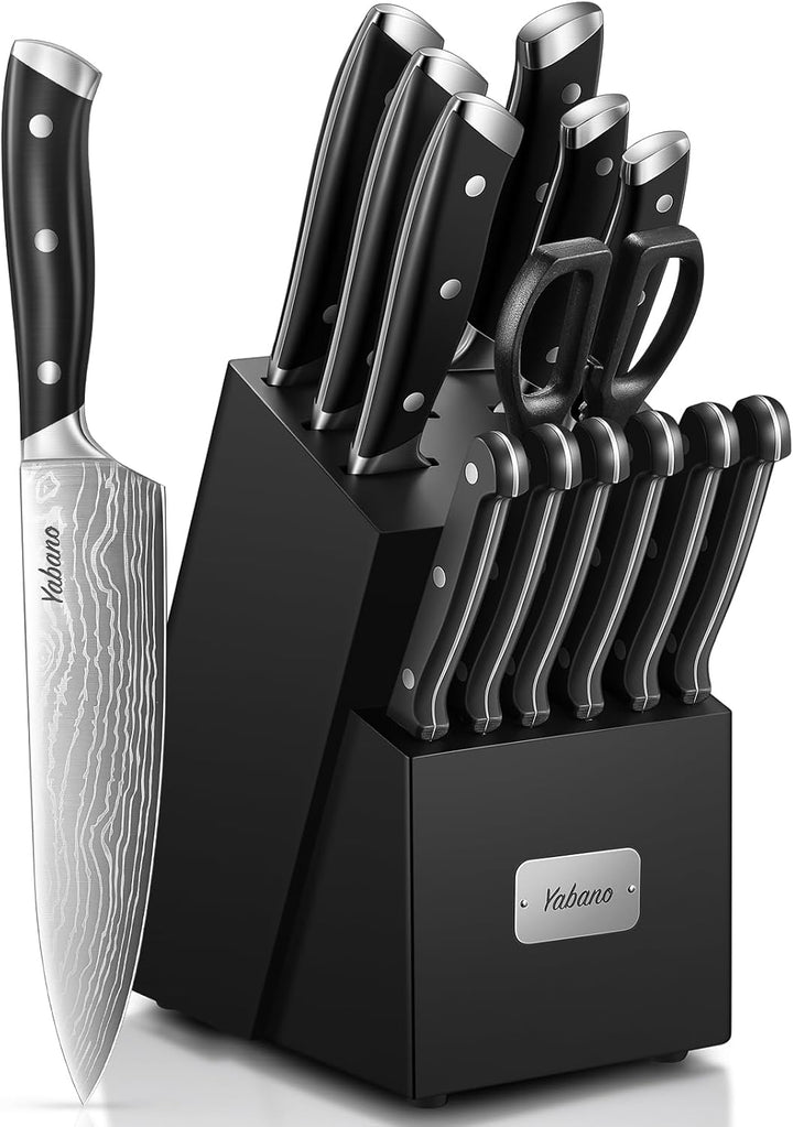 Yabano Messerblock Set, 14-teilig Küchenmesserset Edelstahl, Messer Set mit Holzblock und integriert