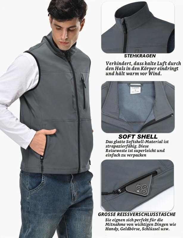 Zzkouine Leichte Softshell Weste für Herren, Bodywarmer Fleece Weste Full Zipp Softshellweste, Weste