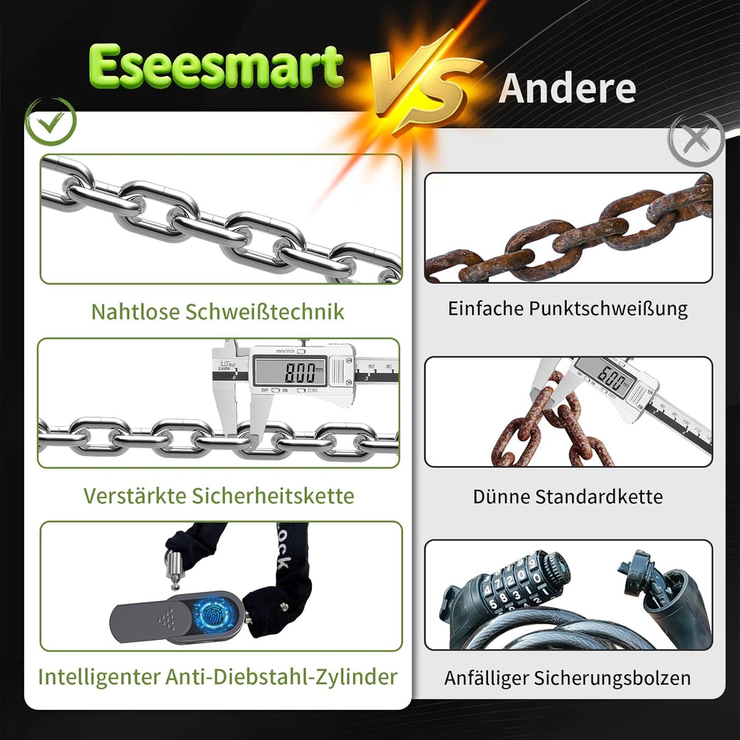 Eseesmart Fahrradschloss Fingerabdruck mit Schlüssel, 8mm 1000mm Lange Kettenschloss Fahrradschloss