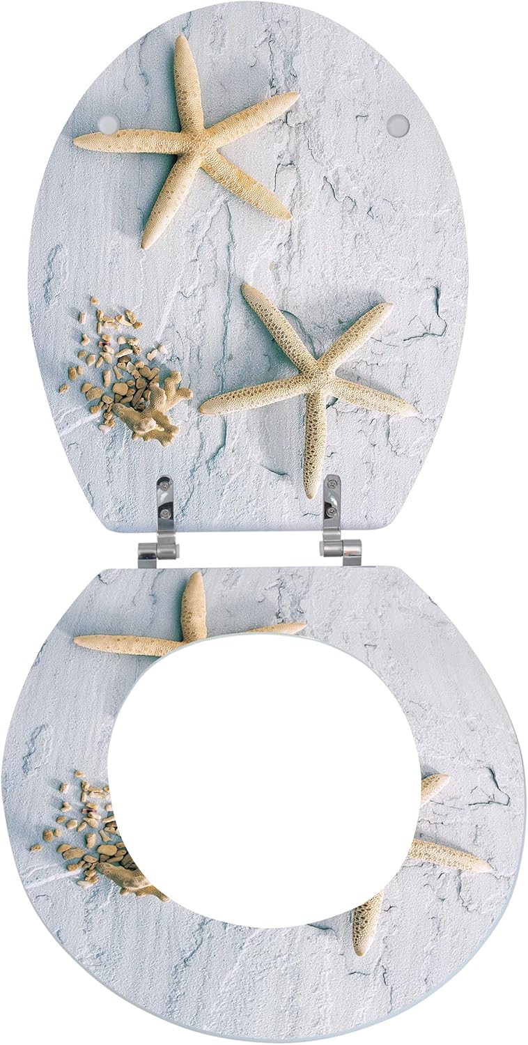 MSV WC Sitz Toilettendeckel MDF Holzkern "Seestern" Scharniere aus Edelstahl - hochwertige und stabi