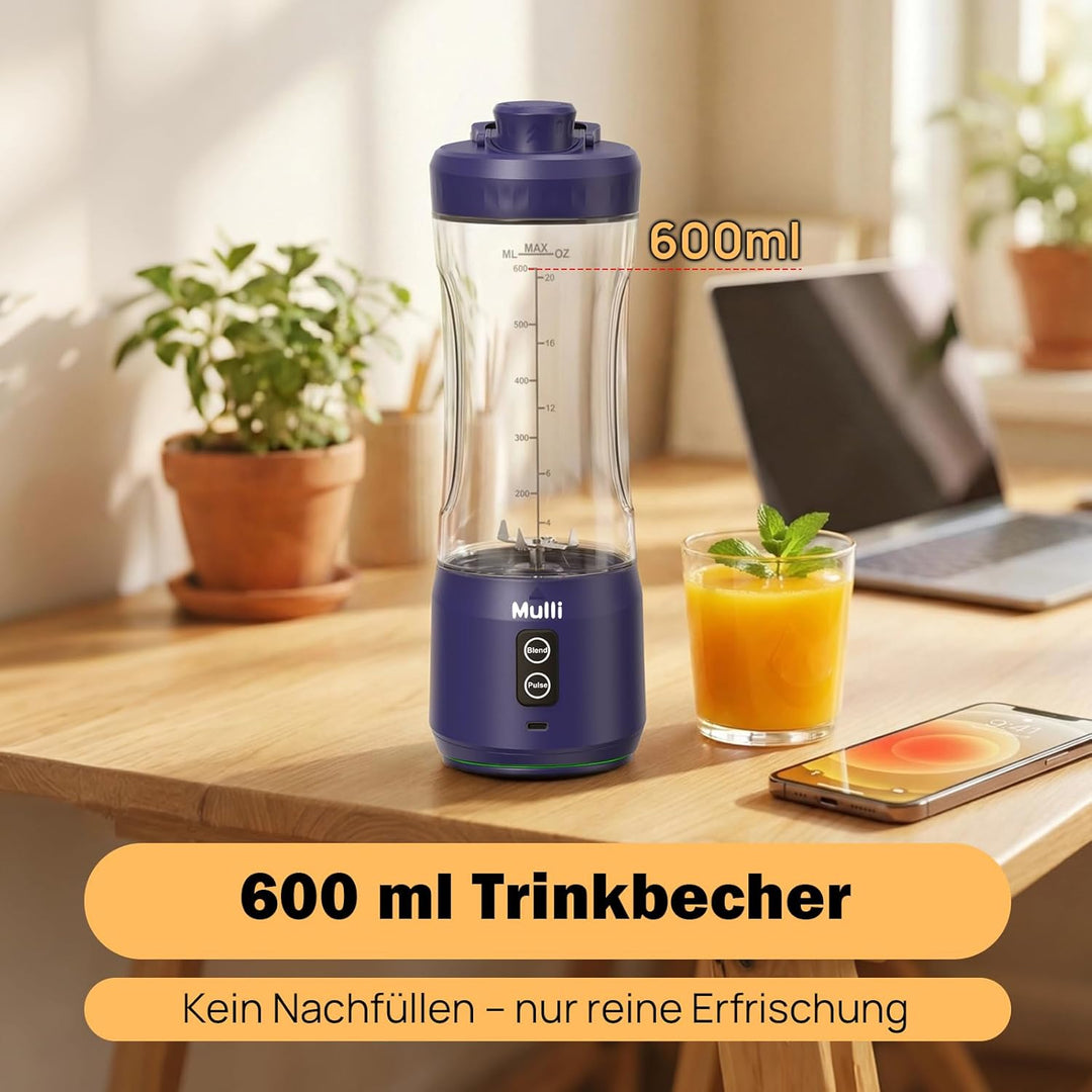 Mulli tragbarer Mixer, kabelloser 600ml Mixbecher für Shakes und Smoothies, persönlicher Mixer, BPA-