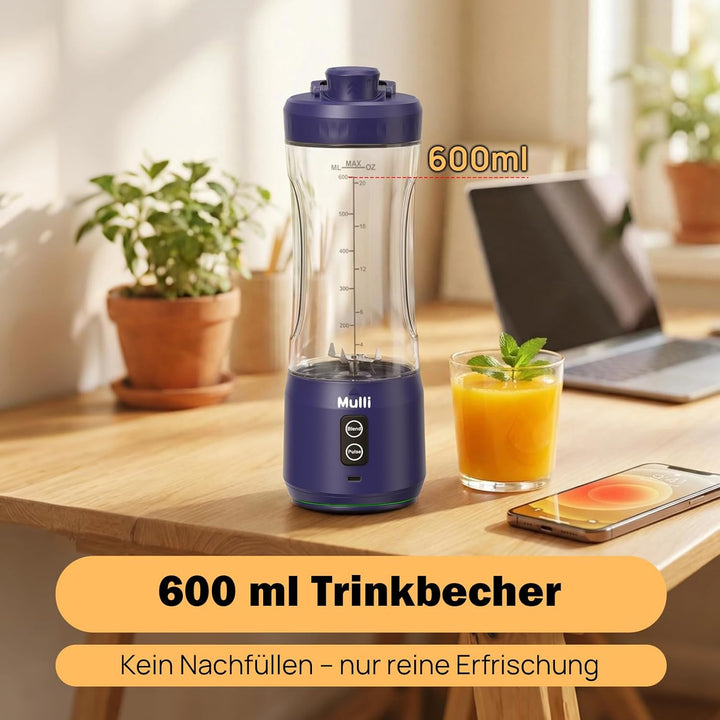 Mulli tragbarer Mixer, kabelloser 600ml Mixbecher für Shakes und Smoothies, persönlicher Mixer, BPA-