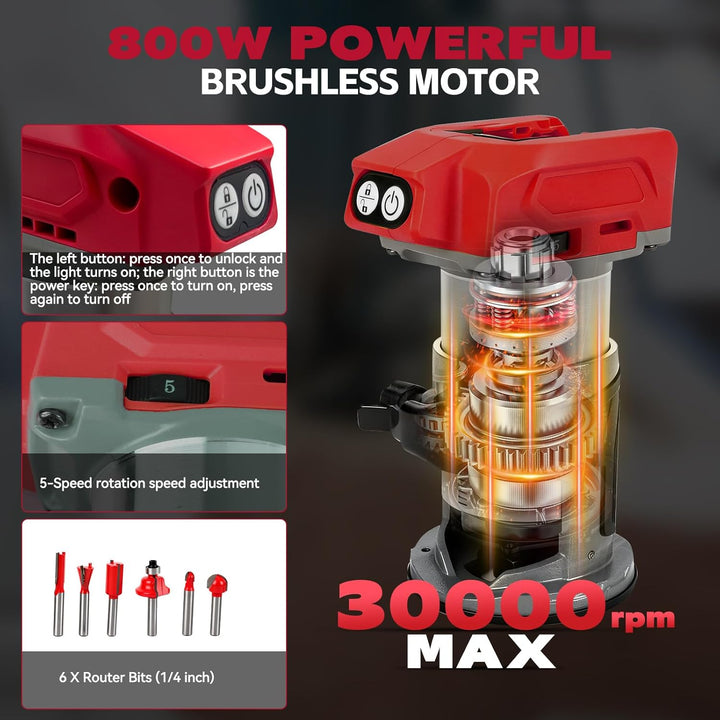 800 W schnurloser Holzfräser für Milwaukee M18 18 V Akku, Aluminiumbasis, bürstenloses 30000 U/min,