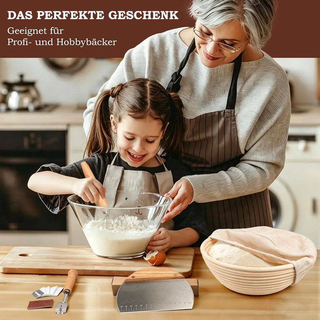 FIVAVA Gärkorb Brot Set, Gärkörbchen Rund 23cm,Brot Backen Zubehör Hochwertiges Rattan Mit Leinenbez
