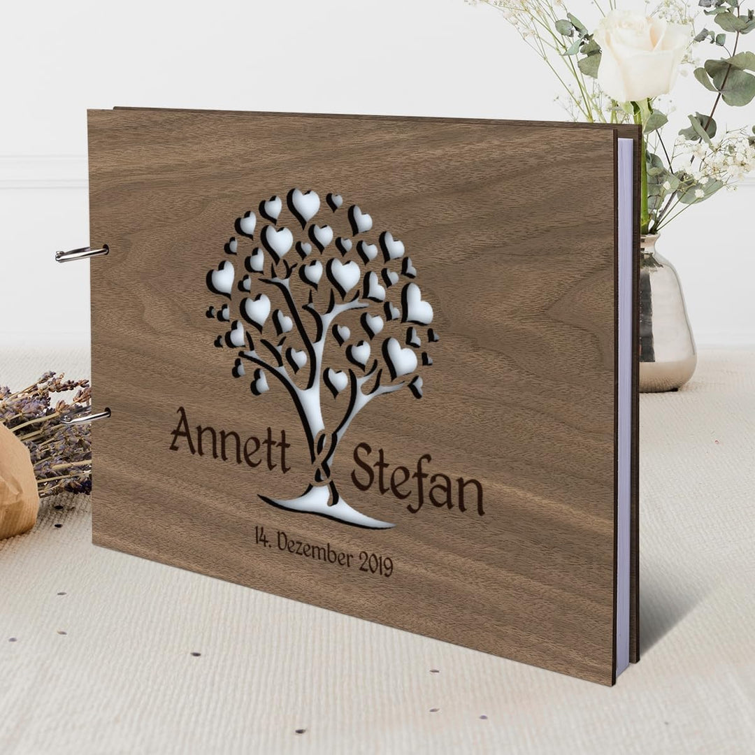 Kartenmachen.de Personalisiertes Hochzeit Gästebuch echtes Holz DIN A4 Hochzeitsbuch mit Lasergravur