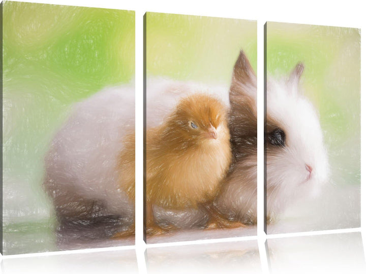 Pixxprint kleines Küken mit süssem Häschen / 3-Teilig/Gesamtmass 120cm Leinwandbild bespannt auf Hol