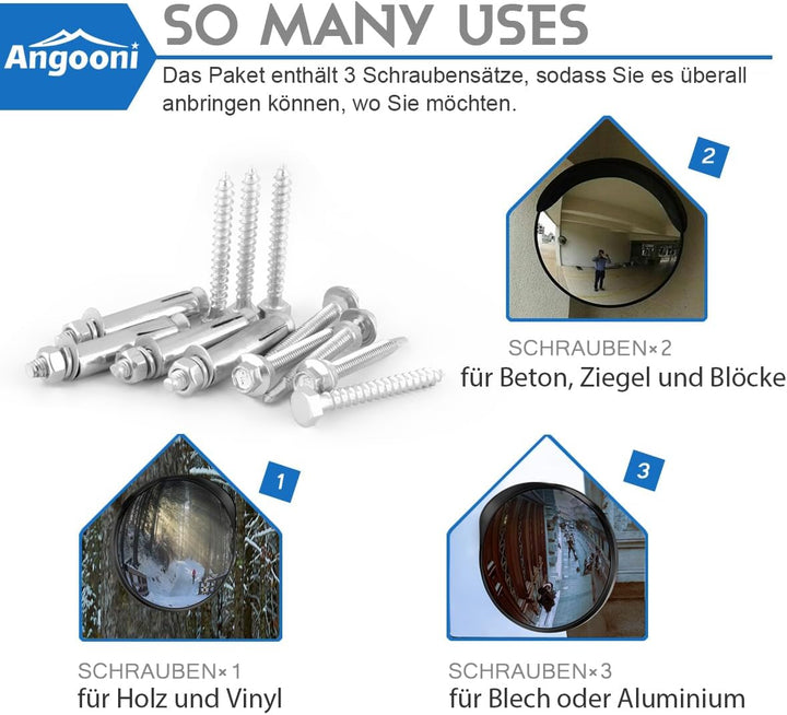 Angooni 𝟯𝟬 / 𝟰𝟬 / 𝟰𝟱 𝗰𝗺 Konvexspiegel für Garage und Einfahrt, Parkassistent, Verstellbarer Weitwink