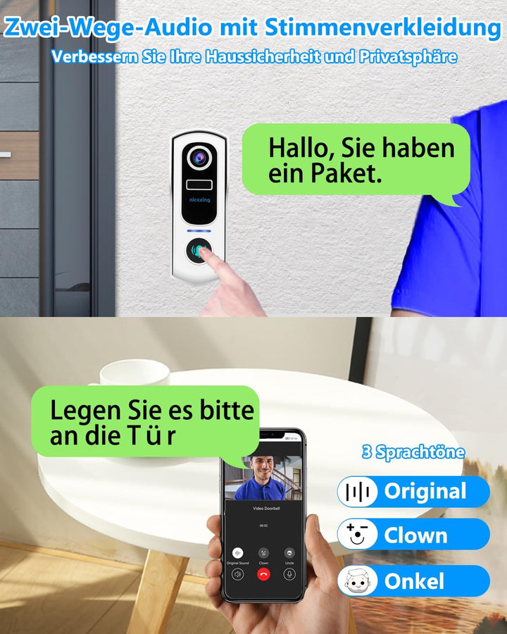 2K FHD Video Türklingel mit Kamera Kabellose Kompatibel mit Alexa, nicezing Funkklingel mit Kamera W