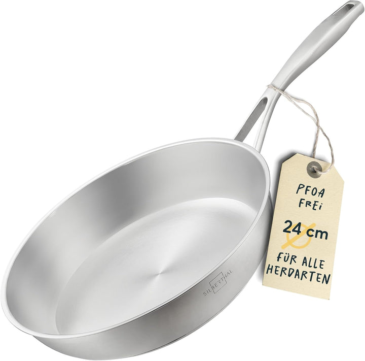 SILBERTHAL Edelstahl Pfanne Unbeschichtet - Induktion - Profi Bratpfanne 24cm - Röstaromen - Ofenfes