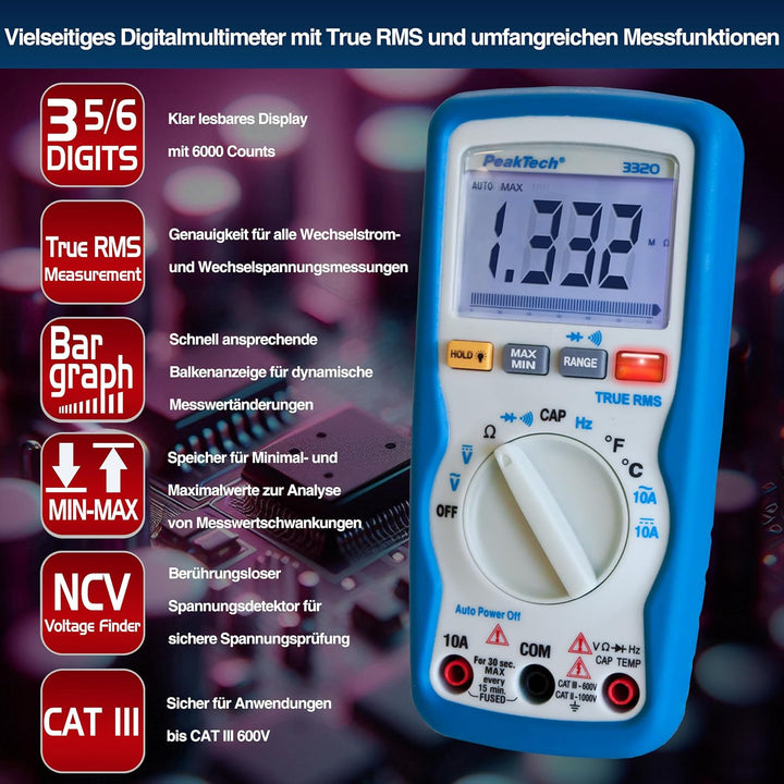 PeakTech 3320 Digitales Multimeter mit TrueRMS, 10 A AC/DC, 6.000 Zähler, tragbares Multimeter, Volt
