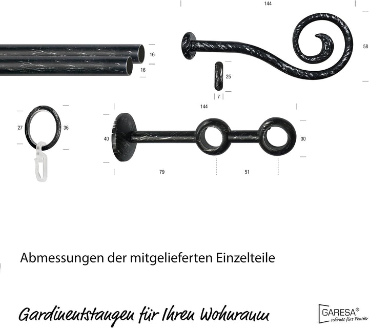 Garesa Gardinenstange Esperanca Ø 16mm, 2-läufig, Schwarz/Silber I Rustikale Vorhangstange inkl. Rin