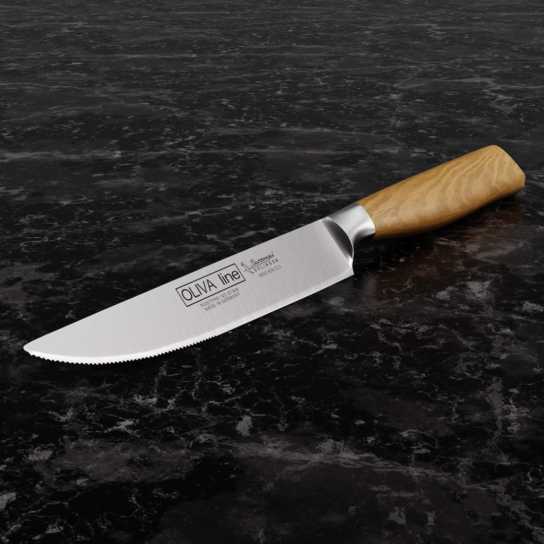 Burgvogel Solingen Steakmesser 12 cm geschmiedet Olivenholz, Oliva Line, Sägeschliff, rostfrei, hell