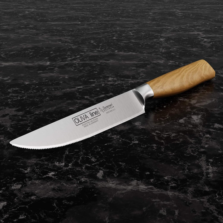Burgvogel Solingen Steakmesser 12 cm geschmiedet Olivenholz, Oliva Line, Sägeschliff, rostfrei, hell