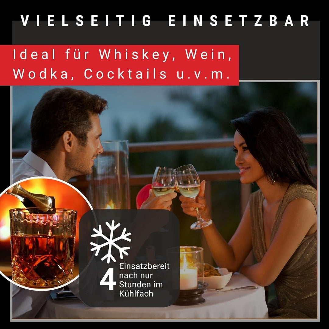 WOMA Whisky Steine Set I 4 Edelstahl Kühlwürfel inkl. Whiskey Glas, Samtbeutel & hochwertiger Holzbo