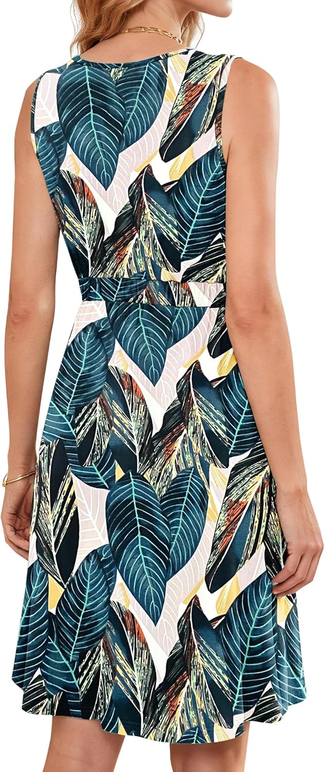 AUSELILY Sommerkleid für Damen M Blattdruck, M Blattdruck