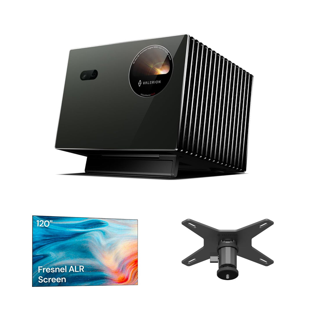 Valerion VisionMaster Pro2 4K Triple-Laser Beamer Bundle mit 120" ALR-Fresnel Leinwand und Deckenhal