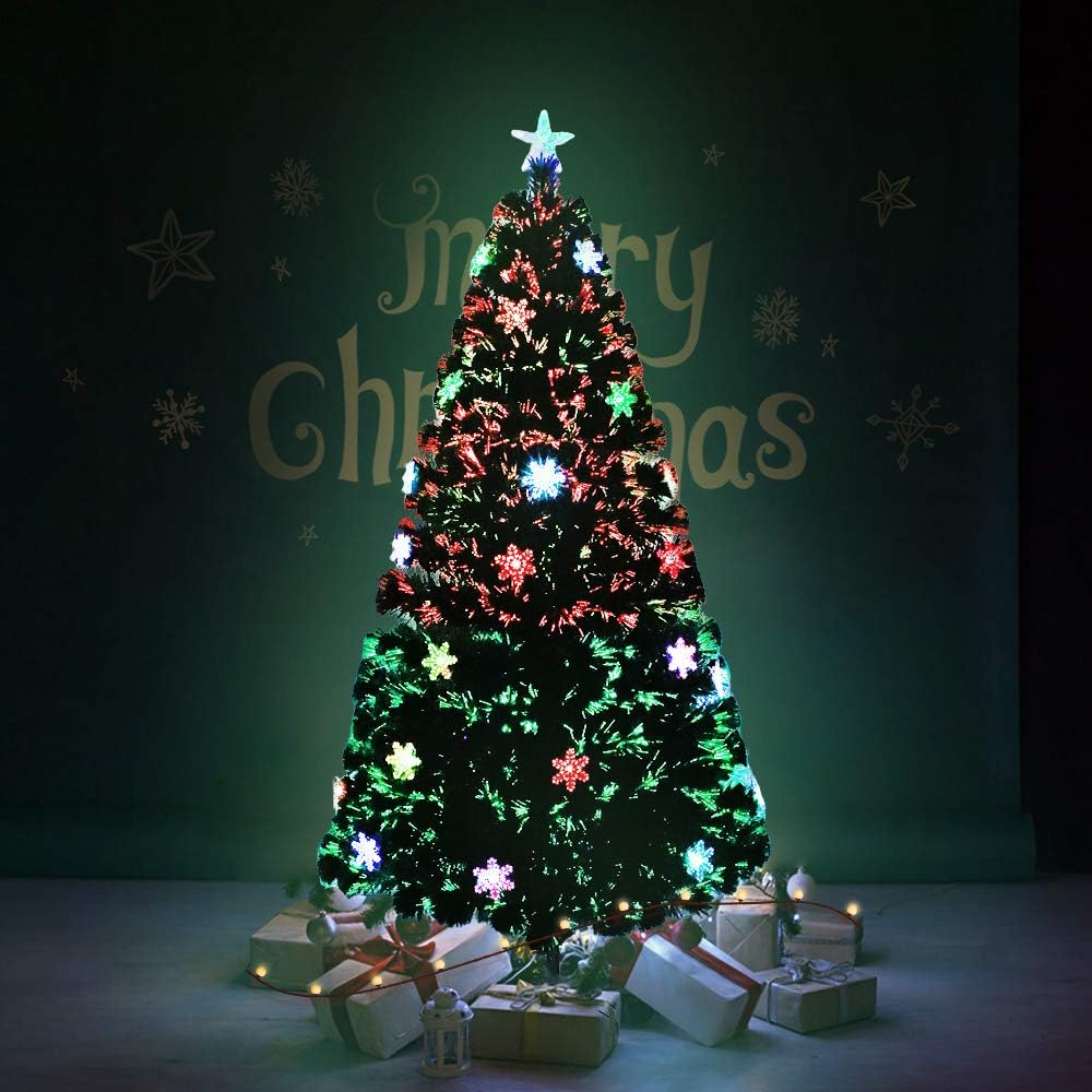 Aufun Weihnachtsbaum Künstlicher 120 cm mit LED Glasfaser und Schneeflocken Weihnachtsdeko Christbau