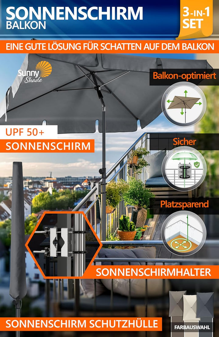 4smile Sonnenschirm Balkon SunnyShade - Sonnenschutz Balkon 3-in-1 SET, Sonnenschirm rechteckig 200