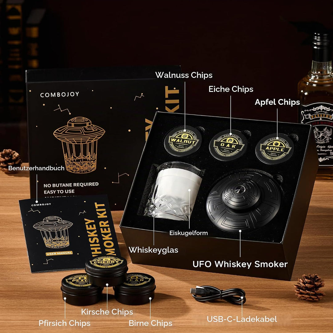 ComboJoy Elektrisches Whisky-Räucherkit mit LED, 6 Aromaholzspäne, Whisky-Glas &amp; Eisform, wiederaufl