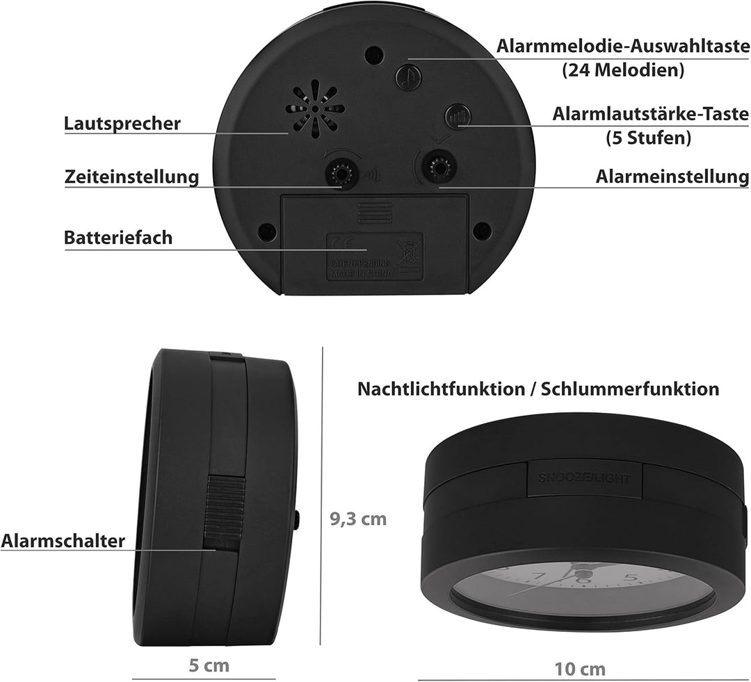 SIMSAM Wecker Analog ohne Ticken mit Batterie, Licht (Schwarz-Weiss), Schwarz-weiss