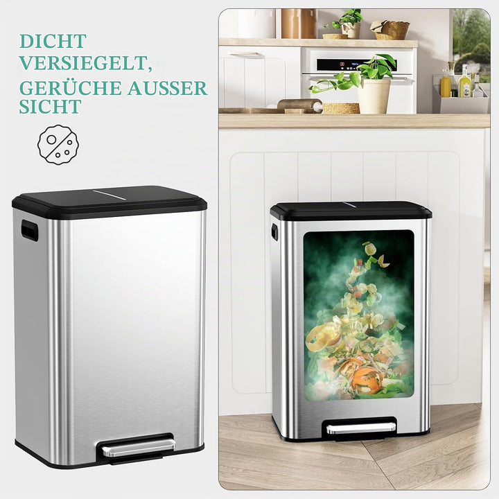 LIFERUN Mülleimer 40l, Abfalleimer Küche mit Inneneimer,mit Deckel Softclose, Tretmülleimer aus Stah