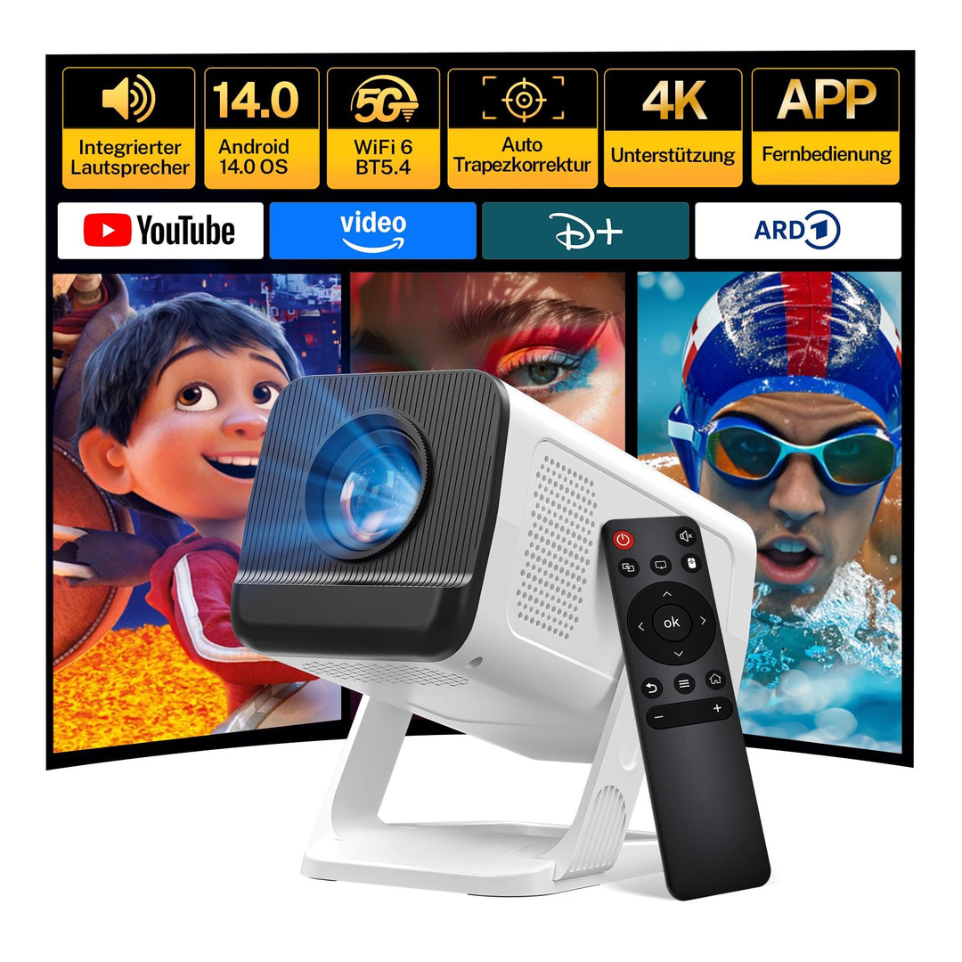 4K 1080P unterstützt Mini Beamer mit Android 11 OS Klein Projektor mit WiFi 6 Bluetooth 5.4, 270° Dr