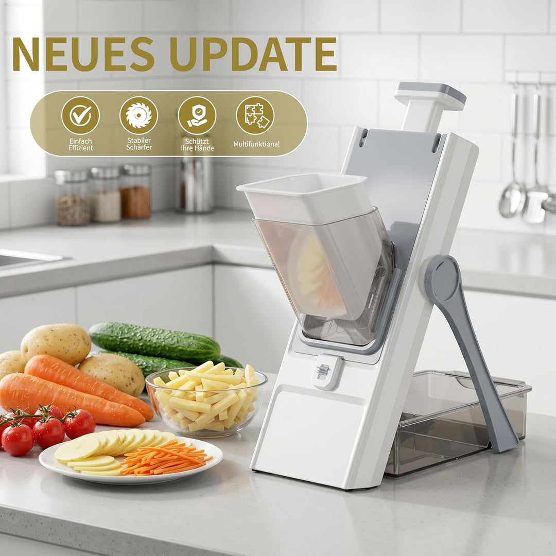 Sichere Mandoline 5 in 1, Gemüseschneider & Kartoffelschneider mit abnehmbaren Klingen | Erzeugt Sch