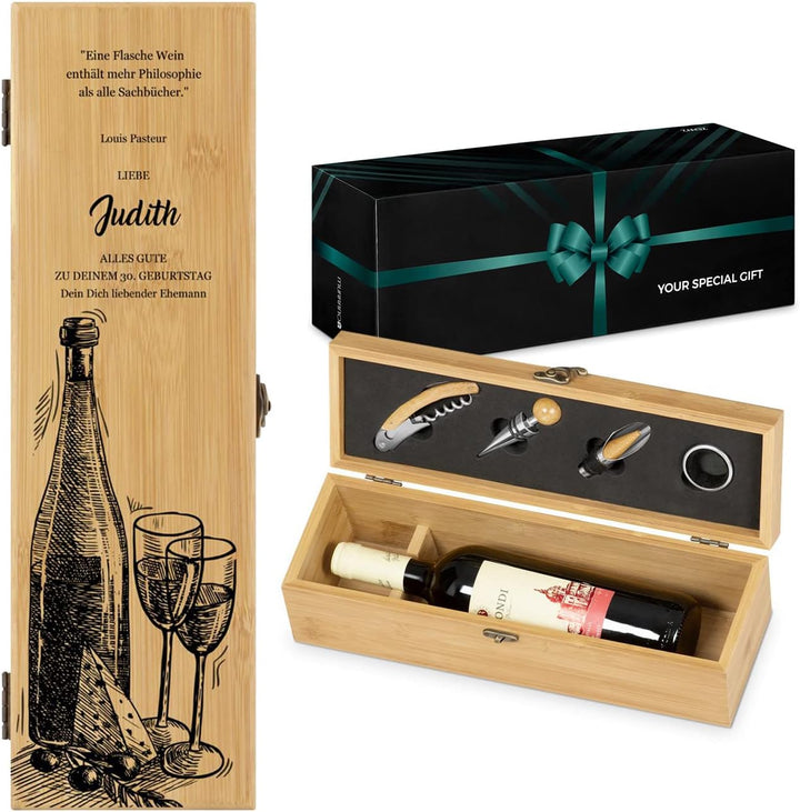 Maverton Weinbox für 0,7L Weinflasche - Wein Holzbox personalisiert + 4er Weinzubehör - Weinset Wein